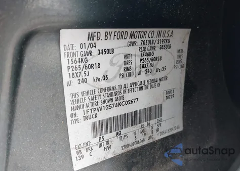 2004 Ford F-150 Lariat/Xlt из США, поврежденный, VIN 1FTPW12574KC02677